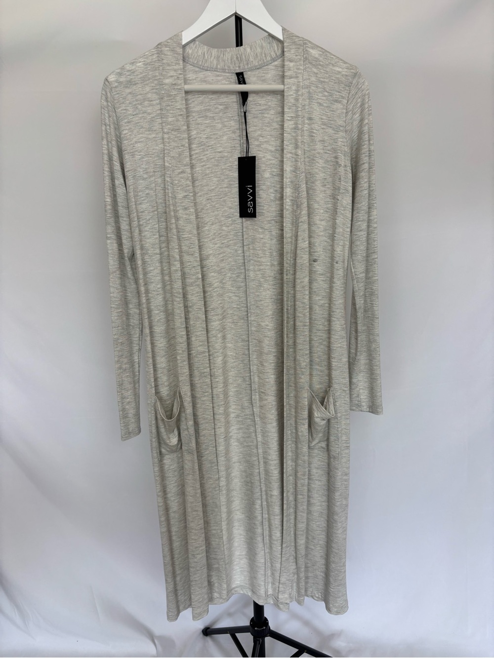 Savvi Light Heather Gray Open-Front Long Cardigan